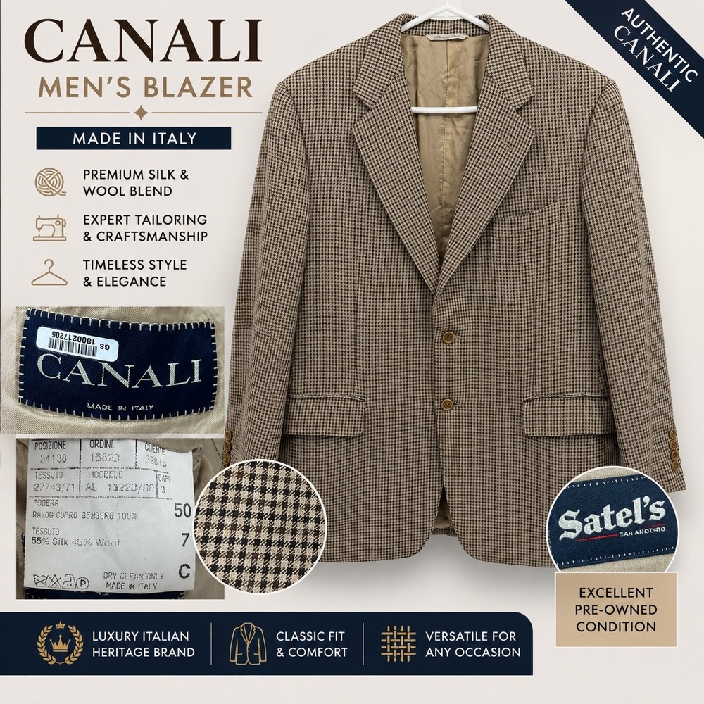 Canali Silk Wool Sport Coat Blazer Men 40R (50R IT) Brown Houndstooth Italy Made